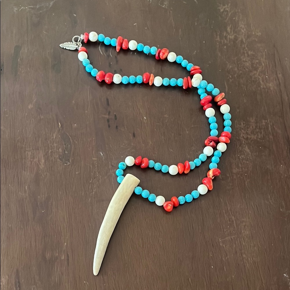 Handmade beaded necklace with deer antler
